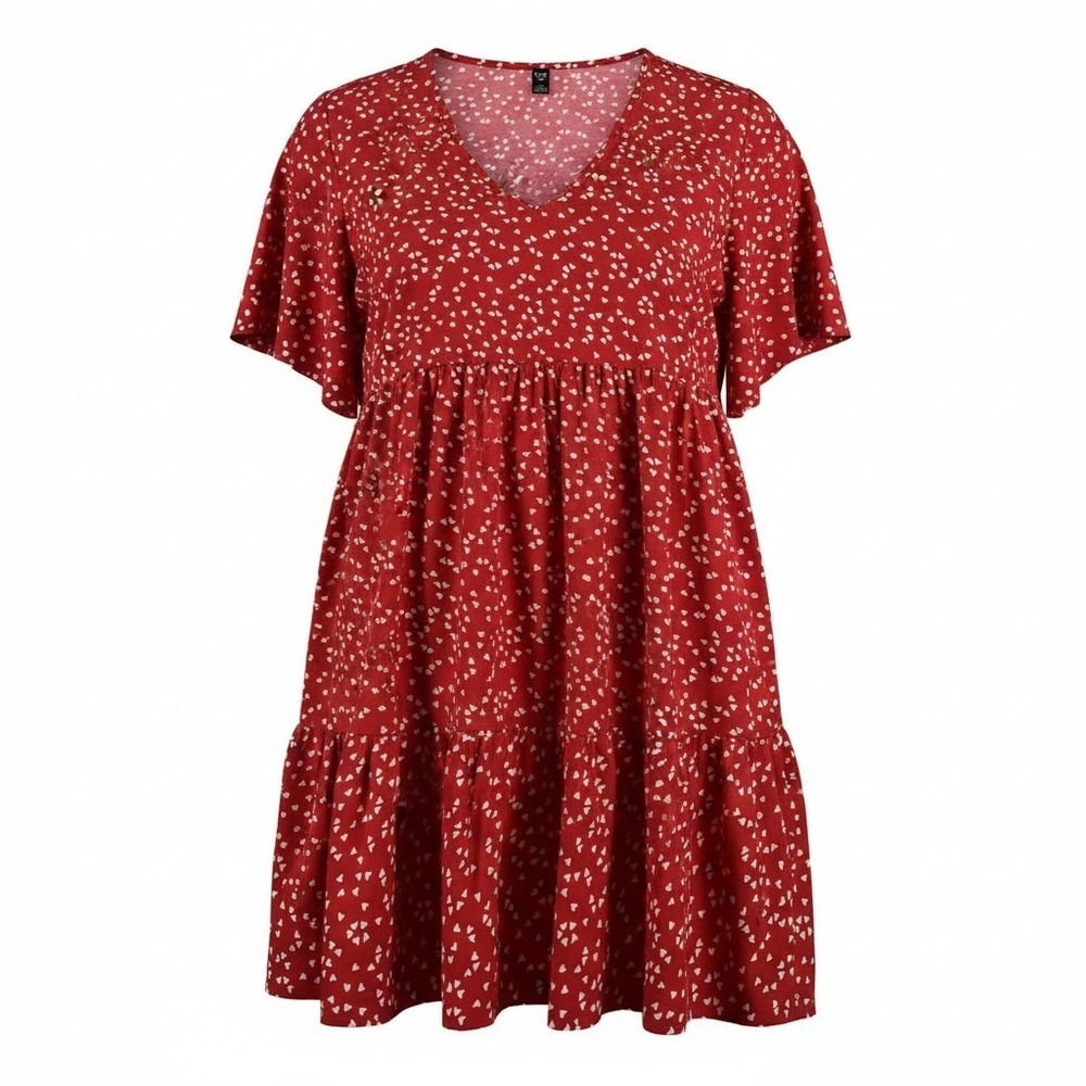 Shein Curve Red Heart Print V-Neck Smock Dress 2XL Plus Flutter Sleeve Tiered